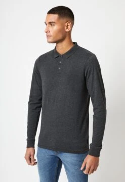 French Connection Long Sleeve- Polo Shirt - Charcoal Mel Black