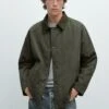 Massimo Dutti CONTRAST COLLAR WITH BUTTONS - Light Jacket - Mottled Dark Green