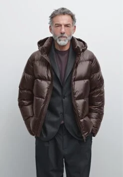 Massimo Dutti WATER-REPELLENT SATIN PUFFER - Down Coat - Dark Brown